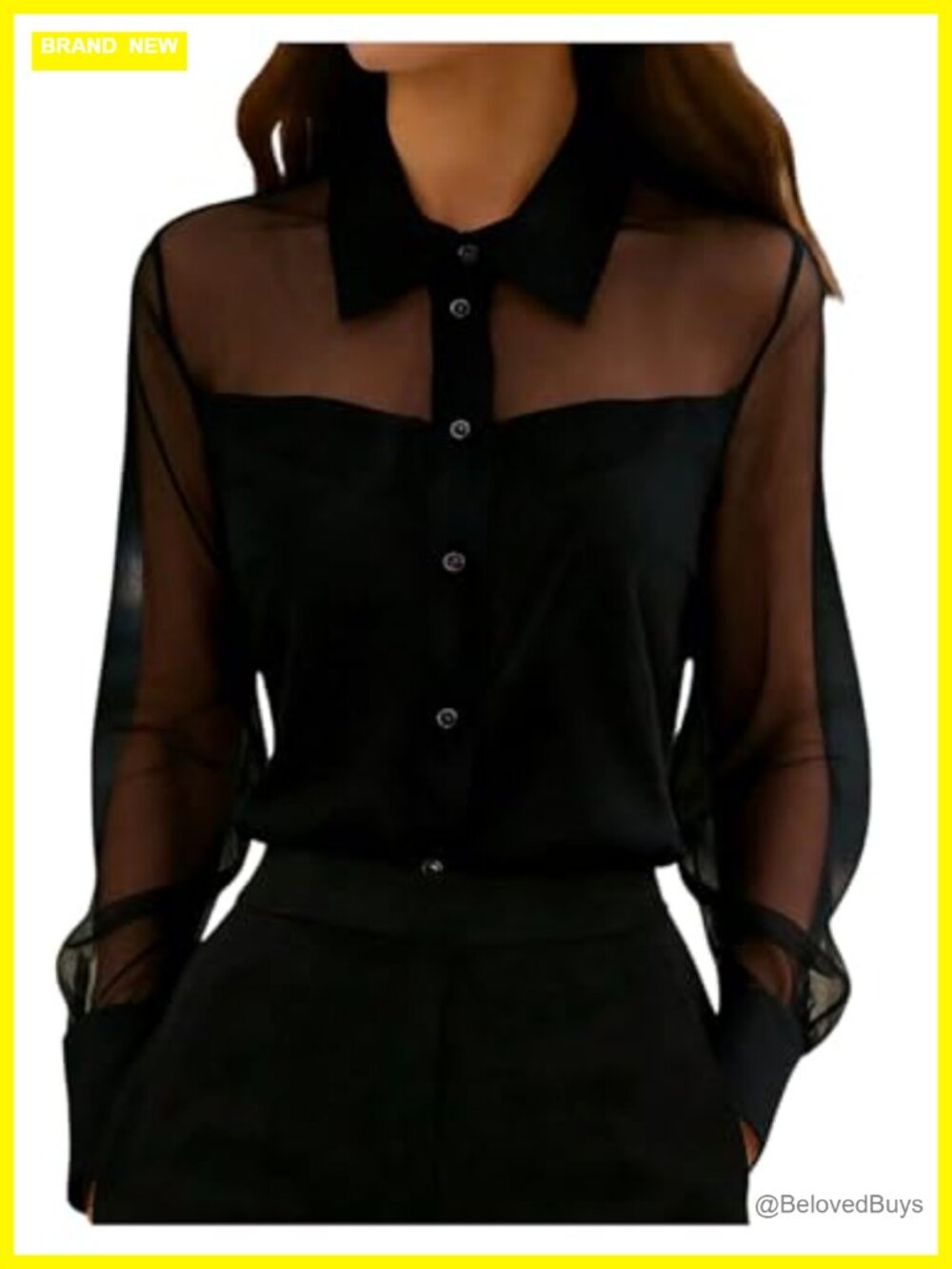 Sheer Mesh Collared Button Front Blouse Long Sleeve Office Top
